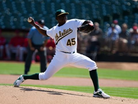 Sep 7, 2016; Oakland, CA, USA; Oakland Athletics starting pitcher Jharel Cotton (45) pitches the ball against the Los Angeles Angels during the first inning at Oakland Coliseum. Mandatory Credit: Kelley L Cox-USA TODAY Sports