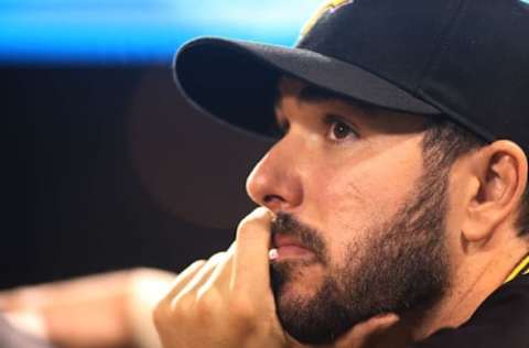 Sep 26, 2016; Pittsburgh, PA, USA; Pittsburgh Pirates outfielder Matt Joyce (17) looks on against the Chicago Cubs during the sixth inning at PNC Park. Mandatory Credit: Charles LeClaire-USA TODAY Sports