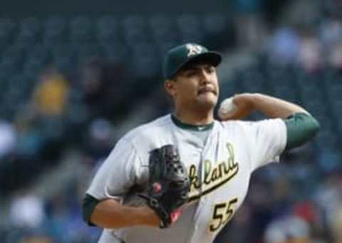 Oct 2, 2016; Seattle, WA, USA; Oakland Athletics starting pitcher Sean Manaea (55) throws against the Seattle Mariners during the first inning at Safeco Field. Mandatory Credit: Jennifer Buchanan-USA TODAY Sports