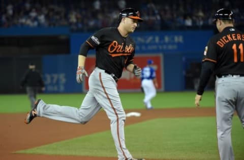 Oct 4, 2016; Toronto, Ontario, CAN; Baltimore Orioles right fielder Mark Trumbo (45) celebrates with third base coach Bobby Dickerson (11) after hitting a two run home run against the Toronto Blue Jays during the fourth inning in the American League wild card playoff baseball game at Rogers Centre. Mandatory Credit: Dan Hamilton-USA TODAY Sports