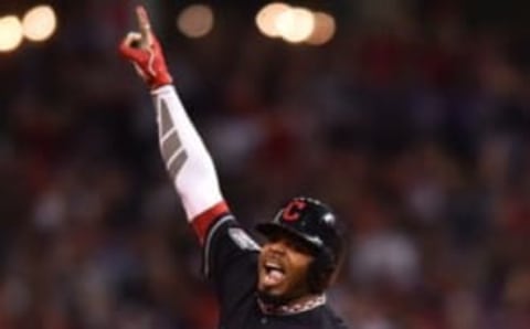 Nov 2, 2016; Cleveland, OH, USA; Cleveland Indians center fielder Rajai Davis (20) celebrates after hitting a two-run home run against the Chicago Cubs in the 8th inning in game seven of the 2016 World Series at Progressive Field. Mandatory Credit: Ken Blaze-USA TODAY Sports