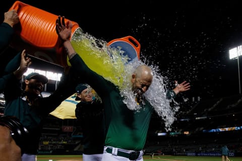 OAKLAND, CA – MAY 07: Mike Fiers #50 of the Oakland Athletics has Gatorade poured on him by teammates after pitching a no-hitter against the Cincinnati Reds at the Oakland Coliseum on May 7, 2019 in Oakland, California. The Oakland Athletics defeated the Cincinnati Reds 2-0. (Photo by Jason O. Watson/Getty Images)