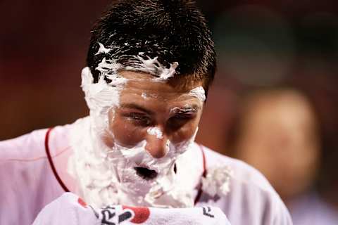 CINCINNATI, OH – JULY 2: Homer Bailey #34 of the Cincinnati Reds reacts after being showered with shaving cream following his no-hitter against the San Francisco Giants at Great American Ball Park on July 2, 2013, in Cincinnati, Ohio. The Reds won 3-0. (Photo by Joe Robbins/Getty Images)