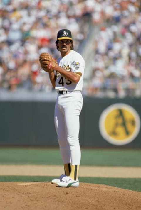 OAKLAND, CA – 1989: Pitcher Dennis Eckersley #43 of the Oakland Athletics stands on the mound during the 1989 season game at the Oakland-Alameda County Coliseum in Oakland, California. (Photo by Otto Greule Jr/Getty Images)