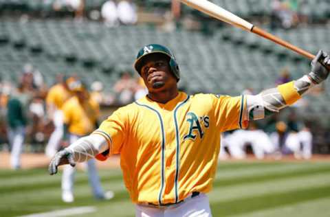 May 24, 2017; Oakland, CA, USA; Oakland Athletics center fielder Rajai Davis (11) reacts after receiving a strike from the Miami Marlins during the seventh inning at Oakland Coliseum. Mandatory Credit: Stan Szeto-USA TODAY Sports