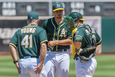 Aug 5, 2015; Oakland, CA, USA; Oakland Athletics pitching coach Curt Young (41) will be working with Holmes during the spring.  Mandatory Credit: Ed Szczepanski-USA TODAY Sports