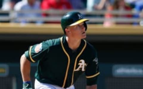 Mar 8, 2016; Mesa, AZ, USA; Oakland Athletics third baseman Matt Chapman (36) in the first inning during a spring training against the Texas Rangers at HoHoKam Stadium. Mandatory Credit: Rick Scuteri-USA TODAY Sports