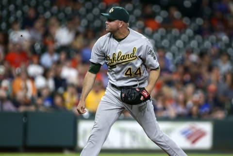 Jul 7, 2016; Houston, TX, USA; Oakland Athletics relief pitcher Ryan Madson (44) pitches during the ninth inning against the Houston Astros at Minute Maid Park. The Athletics won 3-1. Mandatory Credit: Troy Taormina-USA TODAY Sports