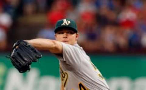 Jul 26, 2016; Arlington, TX, USA; Oakland Athletics starting pitcher Sonny Gray (54) throws a pitch in the first inning against the Texas Rangers at Globe Life Park in Arlington. Mandatory Credit: Tim Heitman-USA TODAY Sports