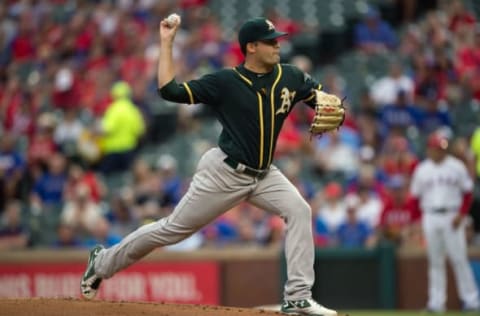 Aug 16, 2016; Arlington, TX, USA; Oakland Athletics relief pitcher Andrew Triggs (60) pitches against the Texas Rangers during the first inning at Globe Life Park in Arlington. Mandatory Credit: Jerome Miron-USA TODAY Sports