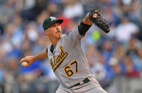 Sep 15, 2016; Kansas City, MO, USA; Oakland Athletics pitcher Daniel Mengden (67) delivers a pitch against the Kansas City Royals during the second inning at Kauffman Stadium. Mandatory Credit: Peter G. Aiken-USA TODAY Sports