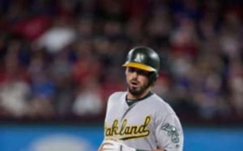 Sep 16, 2016; Arlington, TX, USA; Oakland Athletics right fielder Brett Eibner (39) rounds the bases after he hits a three-run home run against the Texas Rangers during the sixth inning at Globe Life Park in Arlington. The Rangers defeat the A’s 7-6. Mandatory Credit: Jerome Miron-USA TODAY Sports