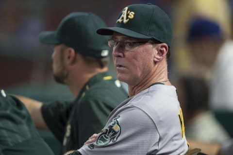 Sep 16, 2016; Arlington, TX, USA; Oakland Athletics manager Bob Melvin (6) watches his team take on the Texas Rangers at Globe Life Park in Arlington. The Rangers defeat the A’s 7-6. Mandatory Credit: Jerome Miron-USA TODAY Sports