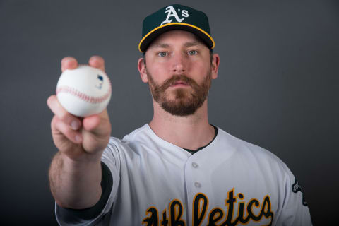 February 29, 2016; Mesa, AZ, USA; Oakland Athletics relief pitcher John Axford (61) poses for a picture during photo day at Hohokam Stadium. Mandatory Credit: Kyle Terada-USA TODAY Sports