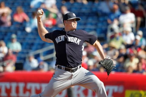 Mar 3, 2015; Clearwater, FL, USA; New York Yankees relief pitcher Branden Pinder (76) throws a pitch during the seventh inning against the Philadelphia Phillies during a spring training baseball game at Bright House Field. Mandatory Credit: Kim Klement-USA TODAY Sports