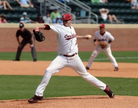 June 9, 2013; Cary, NC, USA; South Carolina Gamecocks starting pitcher Jordan Montgomery delivers a pitch against the North Carolina Tarheels during the Chapel Hill Super Regional at Boshamer Stadium. The South Carolina Gamecocks won 8-0. Mandatory Credit: Rob Kinnan-USA TODAY Sports