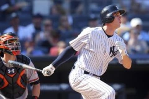 Sep 7, 2015; Bronx, NY, USA; New York Yankees first baseman Greg Bird follows through on a three-run home run against the Baltimore Orioles during the seventh inning at Yankee Stadium. Mandatory Credit: Brad Penner-USA TODAY Sports