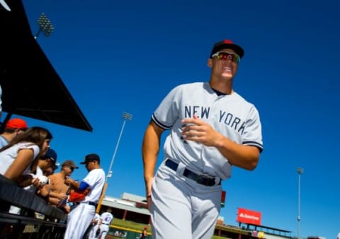 Oct. 14, 2014; Mesa, AZ, USA; New York Yankees outfielder Aaron Judge plays for the Scottsdale Scorpions against the Mesa Solar Sox during an Arizona Fall League game at Cubs Park. Mandatory Credit: Mark J. Rebilas-USA TODAY Sports