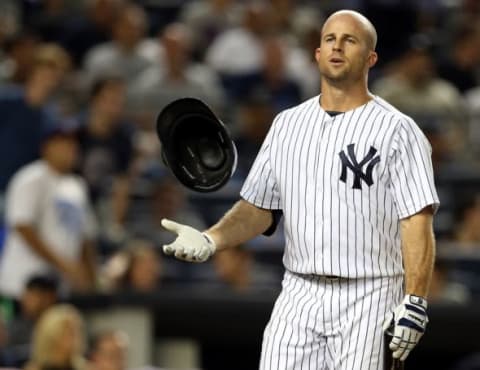 Aug 20, 2015; Bronx, NY, USA; New York Yankees left fielder Brett Gardner (11) reacts after striking out against the Cleveland Indians during the eighth inning at Yankee Stadium. Mandatory Credit: Adam Hunger-USA TODAY Sports