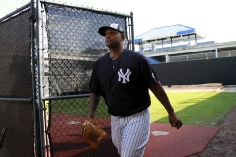 Feb 23, 2016; Tampa, FL, USA; New York Yankees starting pitcher CC Sabathia (52) walks out of the bullpen after throwing at George M. Steinbrenner Field. Mandatory Credit: Kim Klement-USA TODAY Sports