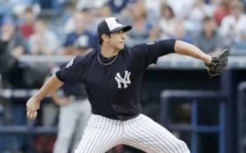 Mar 28, 2016; Tampa, FL, USA; New York Yankees starting pitcher Luis Cessa (85) pitches during the first inning of a spring training baseball game against the Detroit Tigers at George M. Steinbrenner Field. Mandatory Credit: Reinhold Matay-USA TODAY Sports