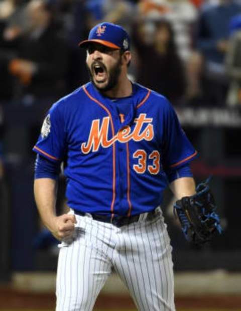 Nov 1, 2015; New York City, NY, USA; New York Mets starting pitcher Matt Harvey (33) reacts after striking out the side in the fourth inning in game five of the World Series against the Kansas City Royals at Citi Field. Mandatory Credit: Robert Deutsch-USA TODAY Sports