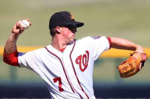 Oct. 14, 2014; Mesa, AZ, USA; Washington Nationals infielder Tony Renda plays for the Mesa Solar Sox during an Arizona Fall League game against the Scottsdale Scorpions at Salt River Field. Mandatory Credit: Mark J. Rebilas-USA TODAY Sports