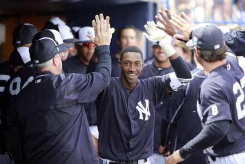 Mar 5, 2016; Tampa, FL, USA; New York Yankees shortstop Jorge Mateo (93) is congratulated in the dugout after his home run against the Boston Red Sox at George M. Steinbrenner Field. Mandatory Credit: Kim Klement-USA TODAY Sports