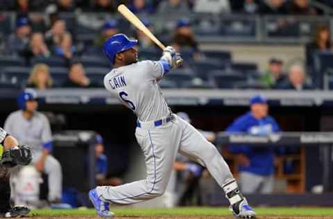 May 10, 2016; Bronx, NY, USA; Kansas City Royals center fielder Lorenzo Cain (6) hits a three run home run against the New York Yankees during the fifth inning at Yankee Stadium. Mandatory Credit: Brad Penner-USA TODAY Sports