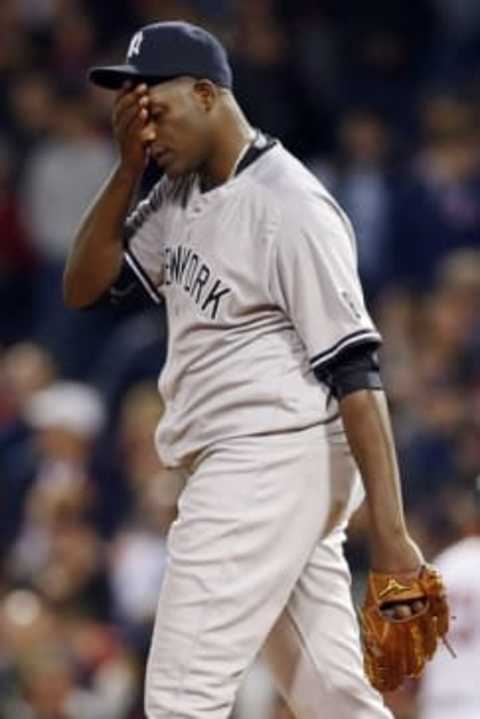 Apr 30, 2016; Boston, MA, USA; New York Yankees pitcher Michael Pineda (35) reacts during the third inning against the Boston Red Sox at Fenway Park. Mandatory Credit: Greg M. Cooper-USA TODAY Sports