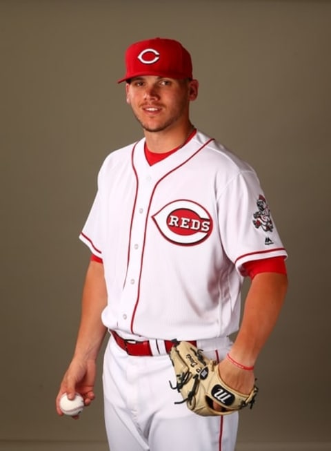 Feb 24, 2016; Goodyear, AZ, USA; Cincinnati Reds pitcher Rookie Davis poses for a portrait during media day at the Reds training facility at Goodyear Ballpark. Mandatory Credit: Mark J. Rebilas-USA TODAY Sports