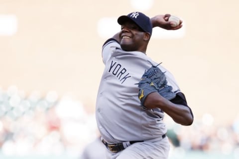 Jun 2, 2016; Detroit, MI, USA; New York Yankees starting pitcher Michael Pineda (35) pitches in the first inning against the Detroit Tigers at Comerica Park. Mandatory Credit: Rick Osentoski-USA TODAY Sports