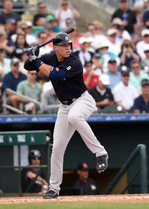 Mar 8, 2016; Jupiter, FL, USA; New York Yankees right fielder Aaron Judge (99) at bat against the Miami Marlins during a spring training game at Roger Dean Stadium. Mandatory Credit: Steve Mitchell-USA TODAY Sports