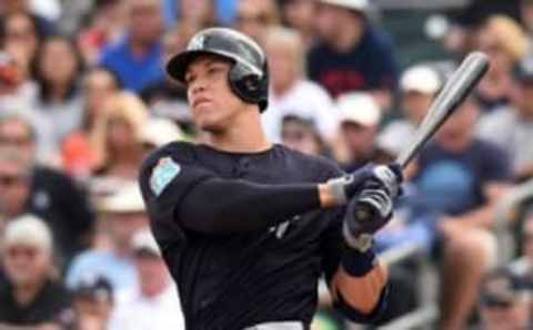 Mar 8, 2016; Jupiter, FL, USA; New York Yankees right fielder Aaron Judge (99) at bat against the Miami Marlins during a spring training game at Roger Dean Stadium. Mandatory Credit: Steve Mitchell-USA TODAY Sports