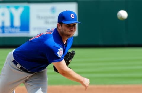 Mar 6, 2016; Salt River Pima-Maricopa, AZ, USA; Chicago Cubs starting pitcher Adam Warren (43) throws a pitch during the second inning against the Arizona Diamondbacks at Salt River Fields at Talking Stick. Mandatory Credit: Matt Kartozian-USA TODAY Sports