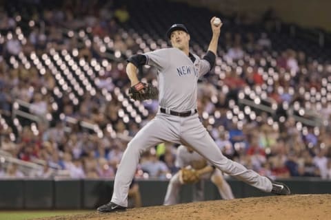 Jun 16, 2016; Minneapolis, MN, USA; New York Yankees relief pitcher Andrew Miller (48) delivers a pitch in the eighth inning against the Minnesota Twins at Target Field. The Yankees defeated the Twins 4-1. Mandatory Credit: Jesse Johnson-USA TODAY Sports