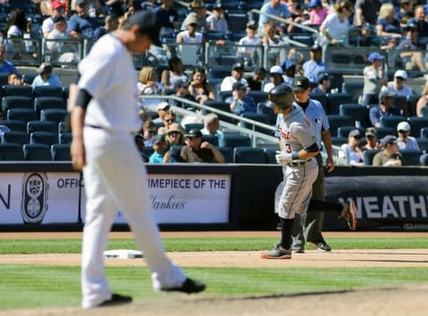 Jun 12, 2016; Bronx, NY, USA; Detroit Tigers second baseman Ian Kinsler (3) rounds the bases after hitting a two run home run in the seventh inning against the New York Yankees at Yankee Stadium. Mandatory Credit: Andy Marlin-USA TODAY Sports