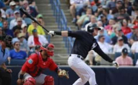 Mar 5, 2016; Tampa, FL, USA; New York Yankees left fielder Ben Gamel (82) singles during the fourth inning against the Boston Red Sox at George M. Steinbrenner Field. Mandatory Credit: Kim Klement-USA TODAY Sports