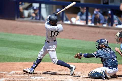 Jul 3, 2016; San Diego, CA, USA; New York Yankees shortstop Didi Gregorius (18) hits a solo home run during the fourth inning against the San Diego Padres at Petco Park. Mandatory Credit: Jake Roth-USA TODAY Sports