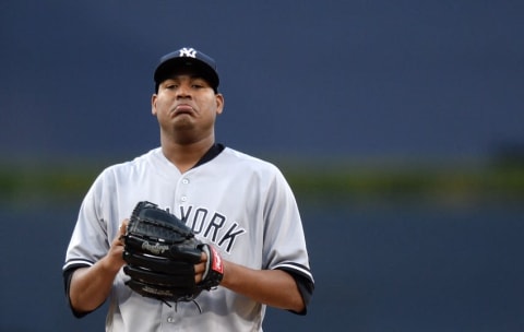 Jul 2, 2016; San Diego, CA, USA; New York Yankees starting pitcher Ivan Nova (47) reacts as he pitches during the first inning against the San Diego Padres at Petco Park. Mandatory Credit: Jake Roth-USA TODAY Sports