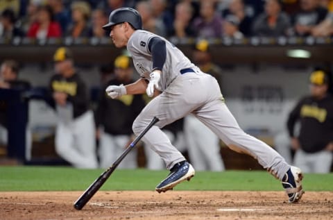 Jul 1, 2016; San Diego, CA, USA; New York Yankees center fielder Jacoby Ellsbury (22) heads to first during the ninth inning against the San Diego Padres at Petco Park. Mandatory Credit: Jake Roth-USA TODAY Sports