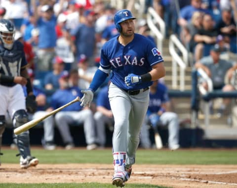 Mar 11, 2016; Phoenix, AZ, USA; Texas Rangers left fielder Joey Gallo (13) in the first inning during a spring training game against the Milwaukee Brewers at Maryvale Baseball Park. Mandatory Credit: Rick Scuteri-USA TODAY Sports