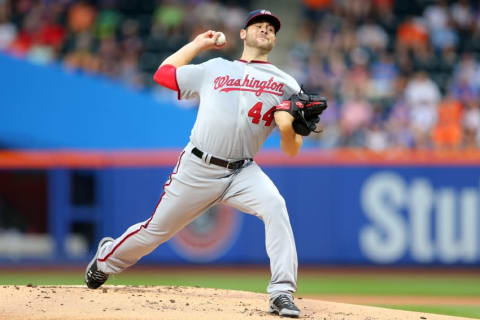 Jul 7, 2016; New York City, NY, USA; Washington Nationals starting pitcher Lucas Giolito (44) pitches against the New York Mets during the first inning at Citi Field. Mandatory Credit: Brad Penner-USA TODAY Sports