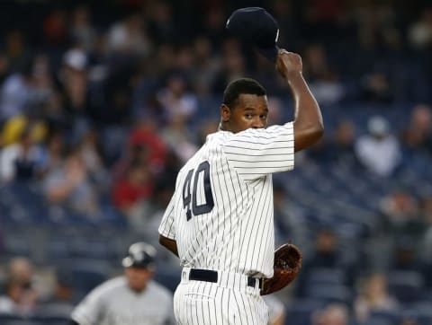 May 13, 2016; Bronx, NY, USA; New York Yankees starting pitcher Luis Severino (40) reacts after giving up two runs in the second inning against Chicago White Sox at Yankee Stadium. Mandatory Credit: Noah K. Murray-USA TODAY Sports