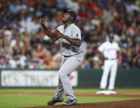 Jul 27, 2016; Houston, TX, USA; New York Yankees relief pitcher Luis Severino (40) points up on a play during the seventh inning against the Houston Astros at Minute Maid Park. Mandatory Credit: Troy Taormina-USA TODAY Sports