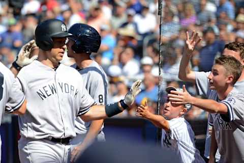 Jul 3, 2016; San Diego, CA, USA; New York Yankees first baseman Mark Teixeira (25) gets high-fives from fans after hitting a solo home run during the eighth inning against the San Diego Padres at Petco Park. Mandatory Credit: Jake Roth-USA TODAY Sports