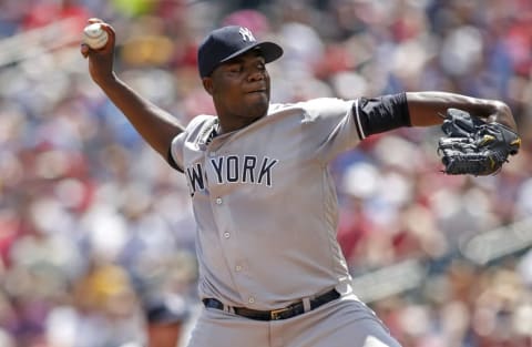 Jun 18, 2016; Minneapolis, MN, USA; New York Yankees starting pitcher Michael Pineda (35) pitches to the Minnesota Twins in the first inning at Target Field. Mandatory Credit: Bruce Kluckhohn-USA TODAY Sports