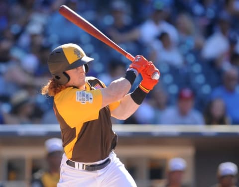 Jul 10, 2016; San Diego, CA, USA; USA outfielder Clint Frazier hits a RBI double in the third inning during the All Star Game futures baseball game at PetCo Park. Mandatory Credit: Gary A. Vasquez-USA TODAY Sports