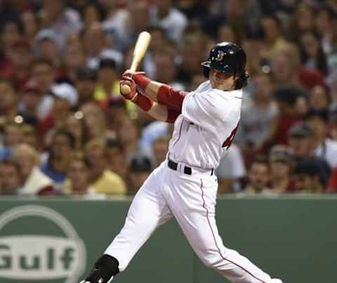 Aug 9, 2016; Boston, MA, USA; Boston Red Sox left fielder Andrew Benintendi (40) hits a single during the third inning against the New York Yankees at Fenway Park. Mandatory Credit: Bob DeChiara-USA TODAY Sports