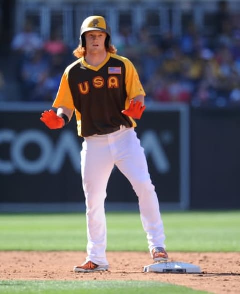 Jul 10, 2016; San Diego, CA, USA; USA outfielder Clint Frazier reacts after hitting a RBI double in the third inning during the All Star Game futures baseball game at PetCo Park. Mandatory Credit: Gary A. Vasquez-USA TODAY Sports